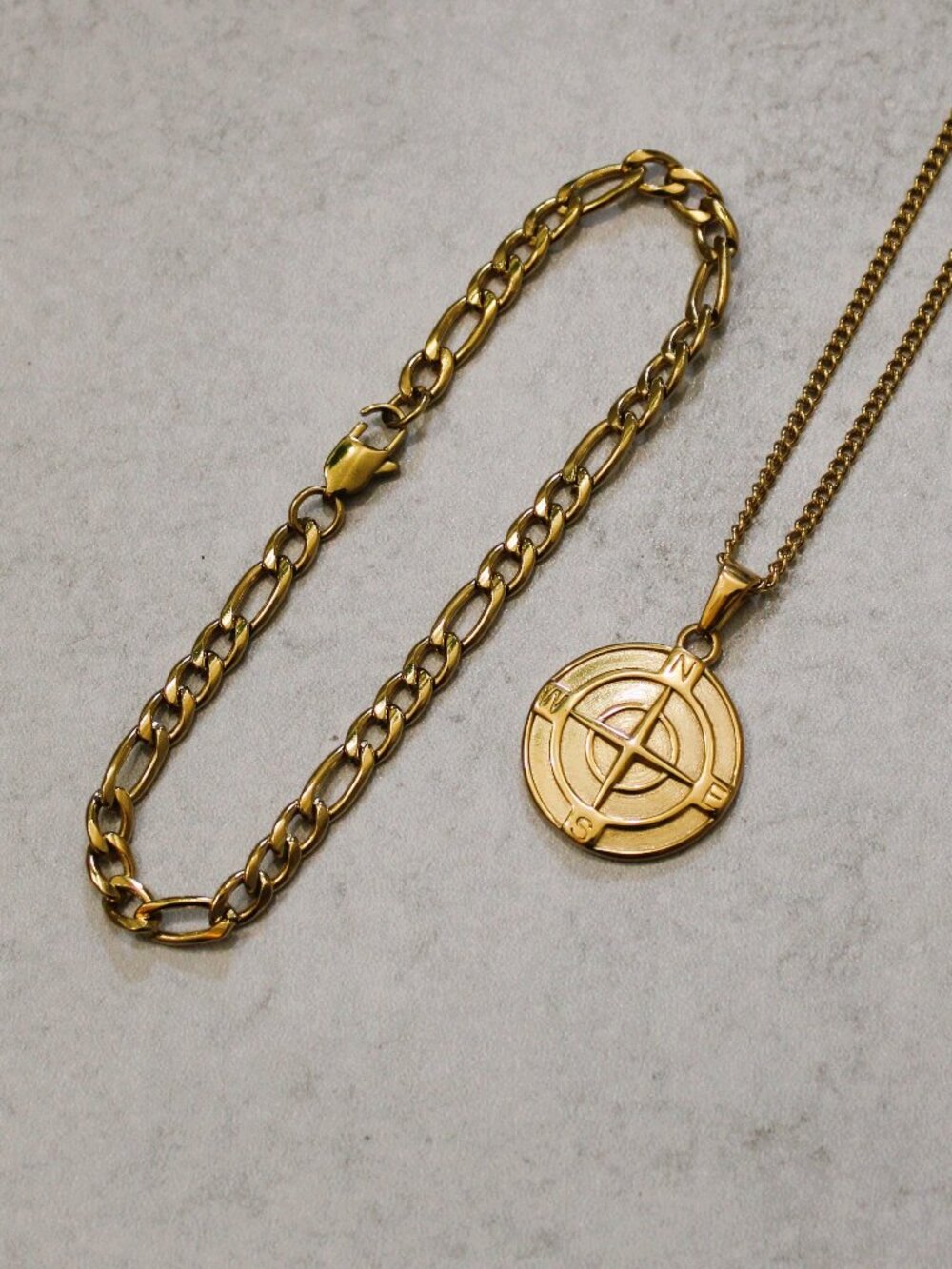 Gold Compass Pendant Necklace + 5mm Figaro Bracelet Set